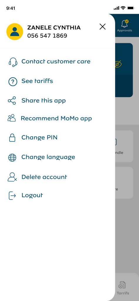 MTN MoMo - Menu des paramètres de l'application MTN MoMo affichant la gestion du compte et les options de support client