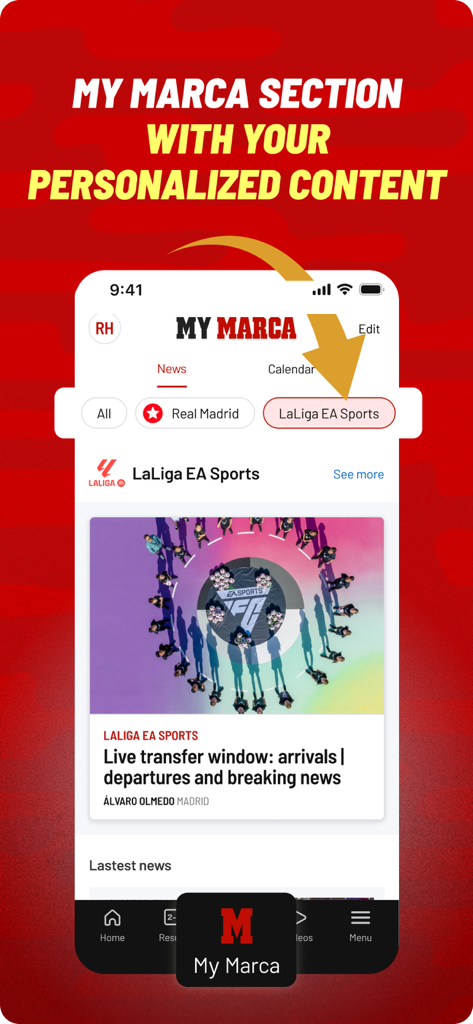 My MARCA section of the sports app displaying a personalized news feed for LaLiga and Real Madrid.