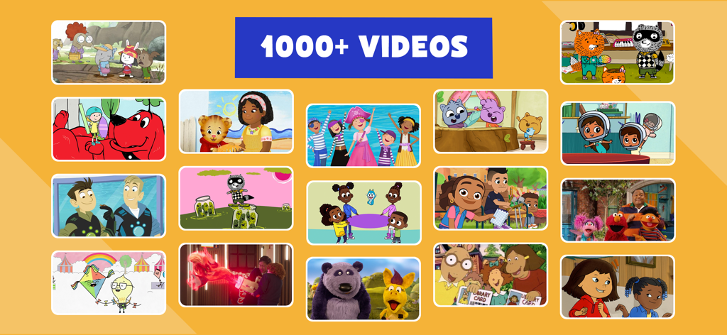 PBS KIDS Video - A collage of various PBS KIDS show characters with a blue banner stating 1000 plus videos