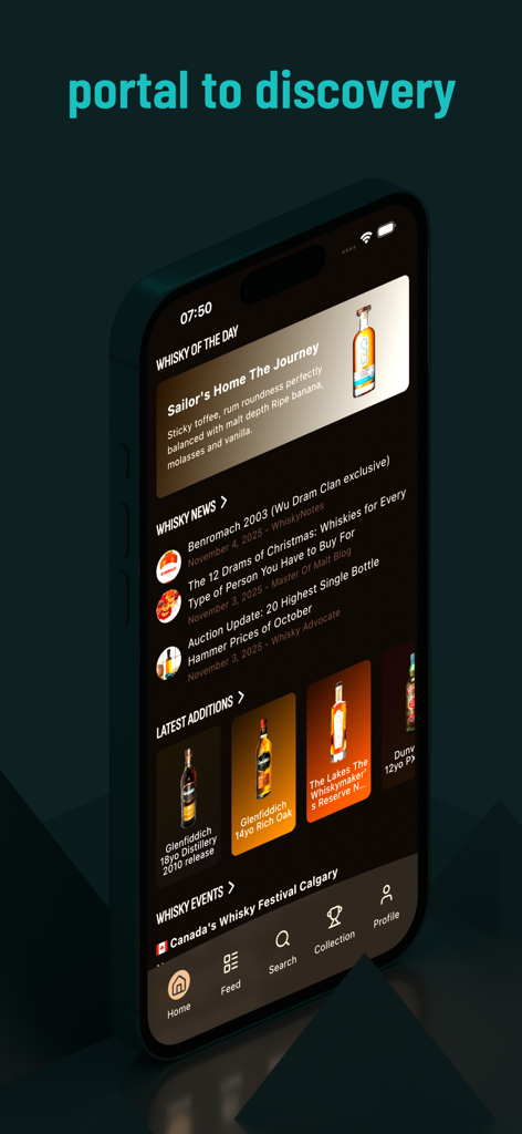 Drammer app home screen showing whisky of the day, news articles, and latest additions.