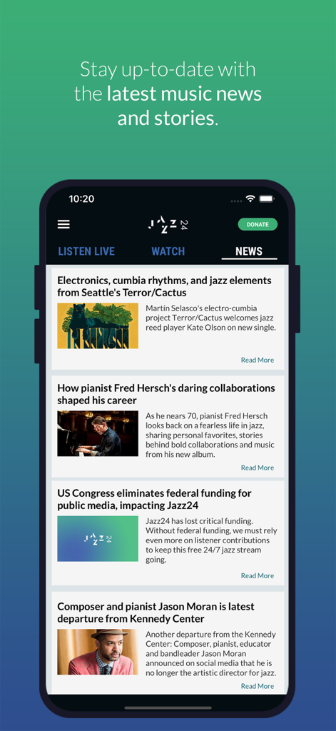 Jazz24: World Class Jazz Radio - The news feed of the Jazz24 app displaying jazz artist stories and music industry updates