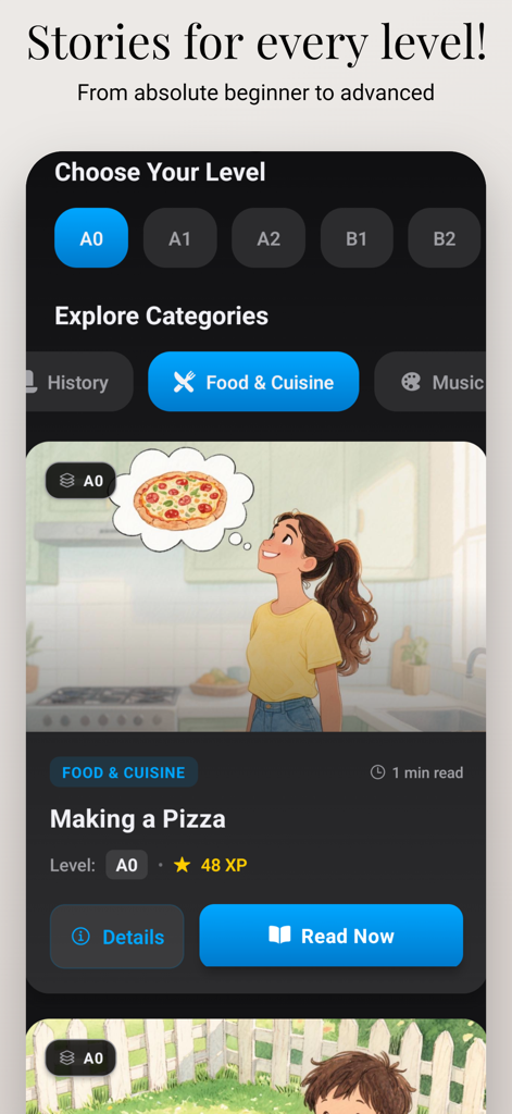 Inklingo: Spanish Stories - Interface do aplicativo Inklingo mostrando a seleção de histórias em espanhol por nível de dificuldade de A0 a B2 e filtros de categoria como Comida e Cozinha.