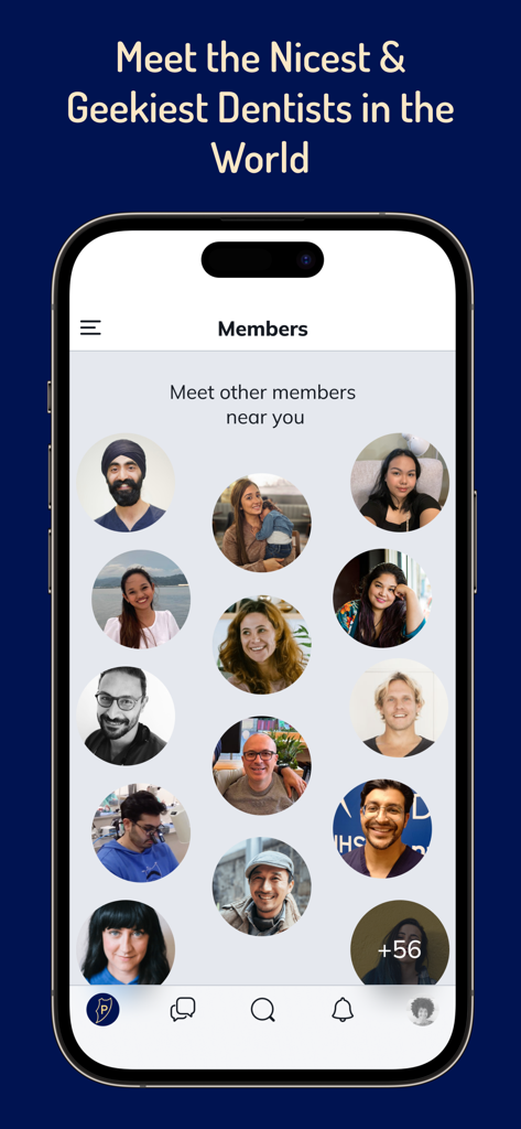 Protrusive Guidance - Protrusive Guidance app interface showing a directory of dental community members with professional profile photos.