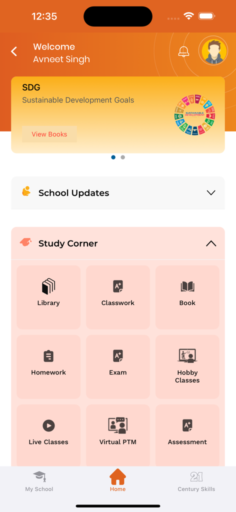 SchoolMitra - SchoolMitra app home screen featuring the Study Corner section with icons for library homework and exams
