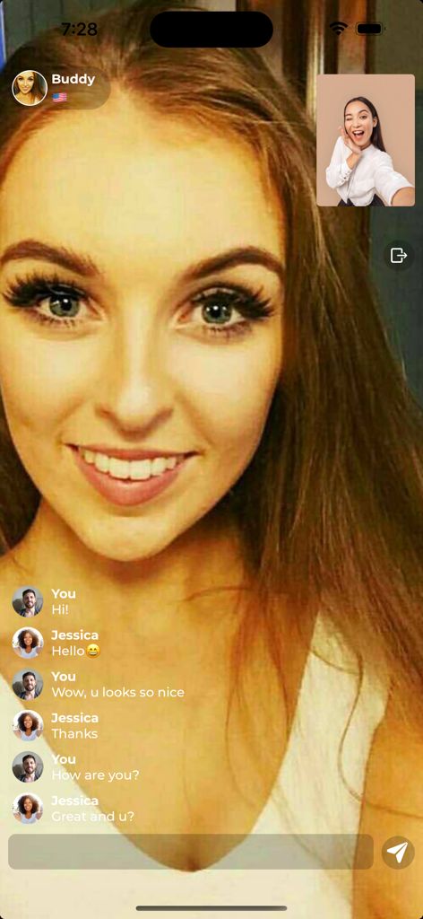 Vuzy Live - Stream & Friends - A live video call interface in the Vuzy Live app showing a full screen host and a smaller participant window with active chat messages