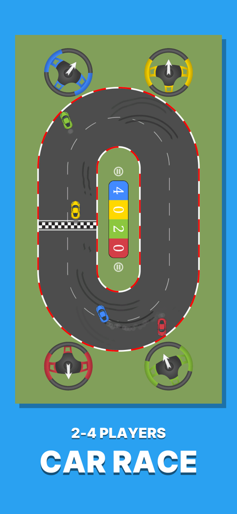 Vista superior de un juego de carreras de coches multijugador para cuatro jugadores en un solo dispositivo móvil