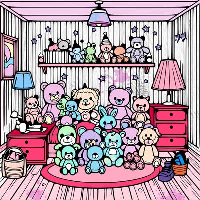a room full of stuffed animals and full of lights
