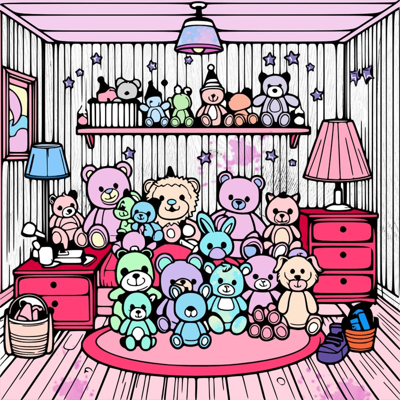 a room full of stuffed animals and full of lights