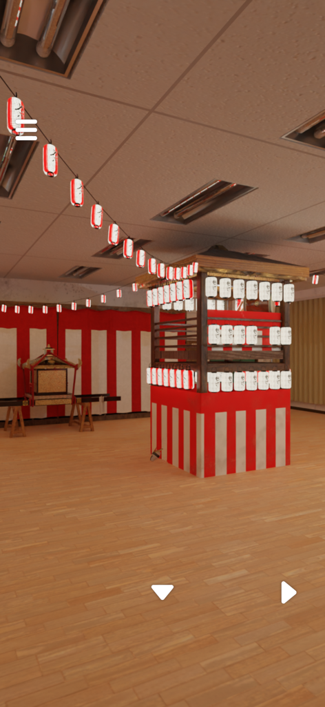 赤と白の装飾と紙提灯のある屋内の日本の文化祭のシーン。