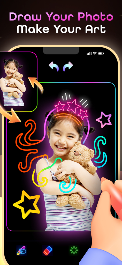 Glow Doodle: Neon Drawing Art - A photo of a girl decorated with vibrant neon stars and colorful glow doodles in the app