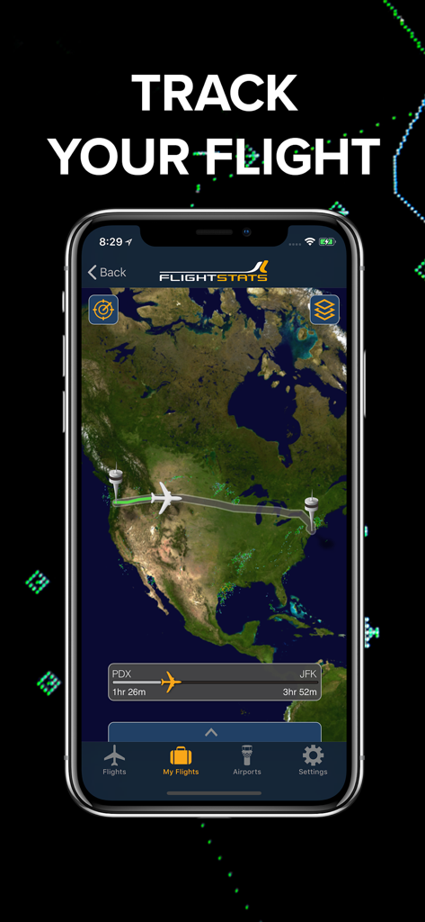 An iPhone displaying the FlightStats app with a real-time flight tracking map showing a route from PDX to JFK