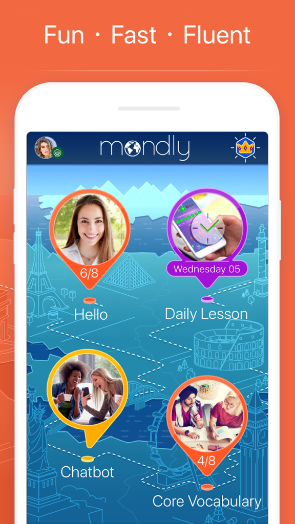 Learn Arabic: Language Course - Painel do aplicativo Mondly para aprender árabe, mostrando categorias como Olá, Lição Diária, Chatbot e Vocabulário Principal