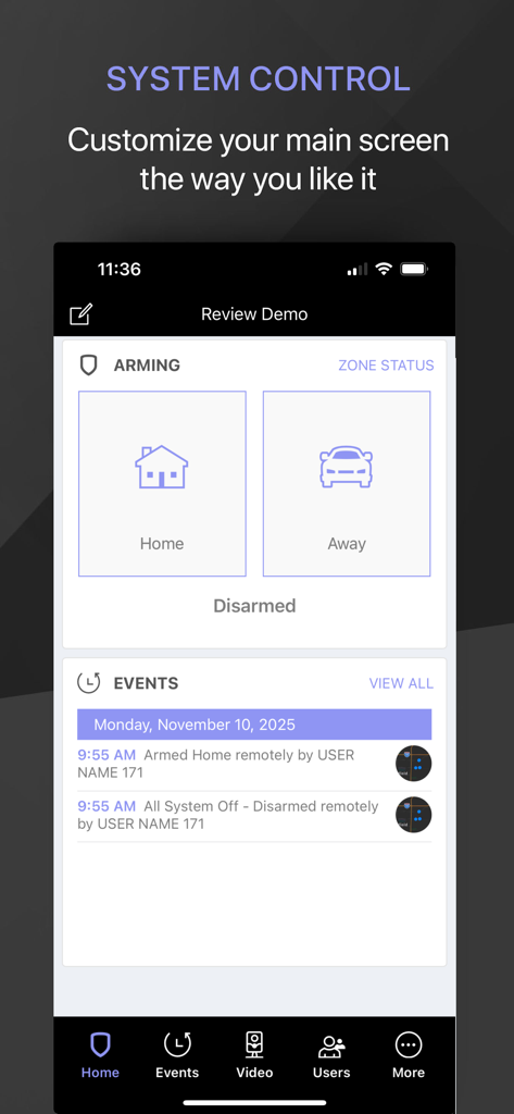 Virtual Keypad app screen for controlling security system arming and viewing activity logs