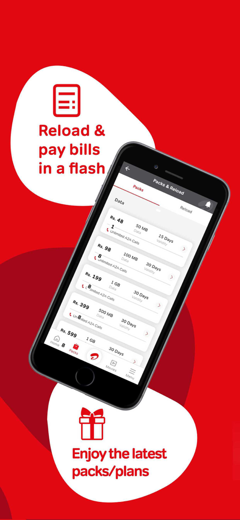 Pantalla de la aplicación My Airtel que muestra varios paquetes de datos y llamadas para conexiones móviles de Sri Lanka
