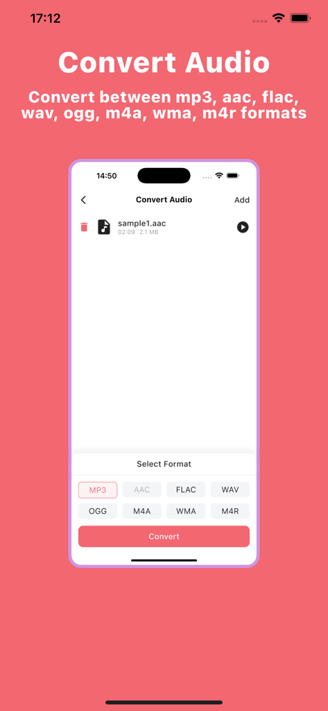 Audio Editor | MP3 Converter - Interfaz de la aplicación móvil que muestra opciones para convertir archivos de audio a diferentes formatos como MP3 y WAV