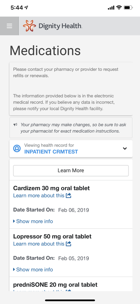 A list of patient medications shown in the Dignity Health my portal app including drug names and dosage