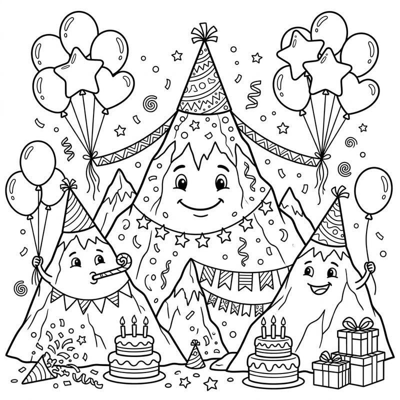 Get ready for a grand celebration with this Mountain Peaks Birthday coloring page! Adorned with festive decorations, these cheerful mountains are throwing the ultimate party, just waiting for your creative touch.