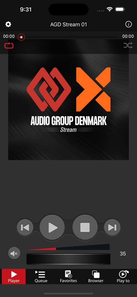Interfaz del reproductor de música de la aplicación AGD Stream mostrando controles de reproducción y el logo de Audio Group Denmark
