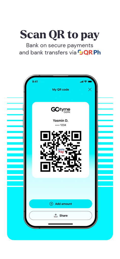 GoTyme Bank - A smartphone displaying the GoTyme Bank app with a QR Ph code for secure payments and bank transfers