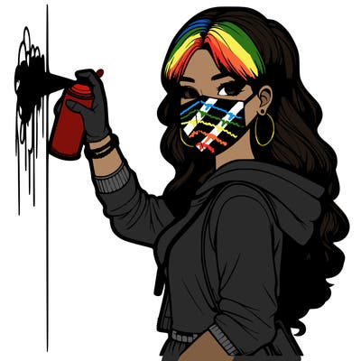 realistic girl with mask spray painting a wall