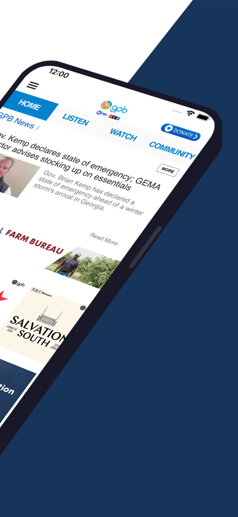 GPB - Home screen of the GPB app featuring Georgia local news articles and navigation for radio and television