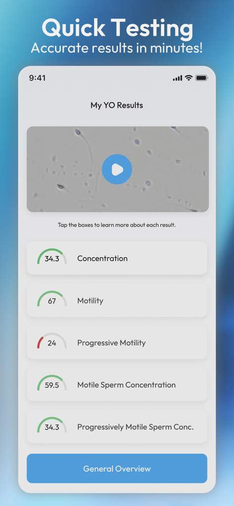 YO Home Sperm Test - Results dashboard of the YO Home Sperm Test app showing metrics for sperm concentration, motility, and a video of live sperm.