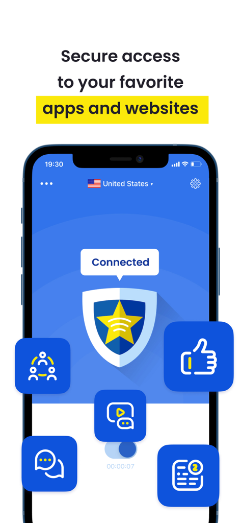 Star VPN - Super Fast Proxy - Star VPN app interface showing a connected status for secure access to apps and websites via a United States server.