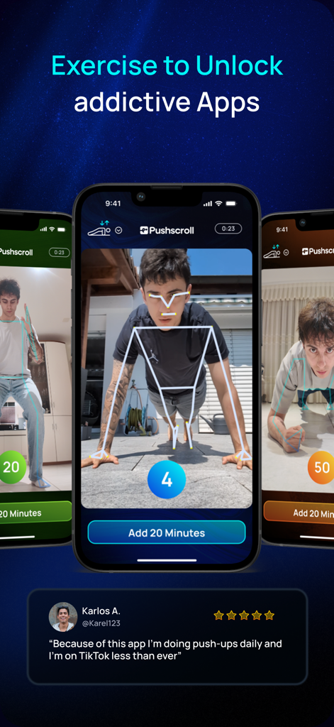 Pushscroll Screen Time Control - Interfaccia dell'app Pushscroll che mostra il rilevamento della posa AI che traccia gli esercizi per sbloccare il tempo sullo schermo per le app mobili.