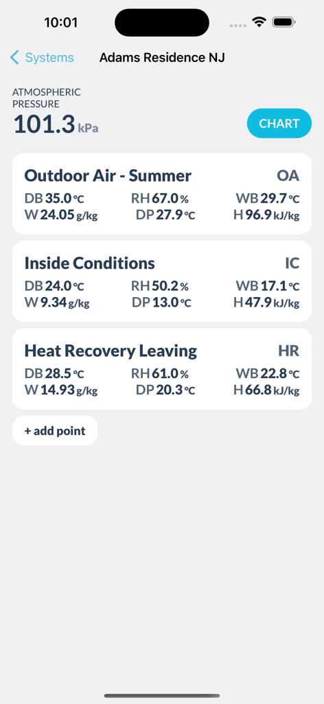 Interface of the Psychrometrics app displaying air property calculations for a project named Adams Residence NJ