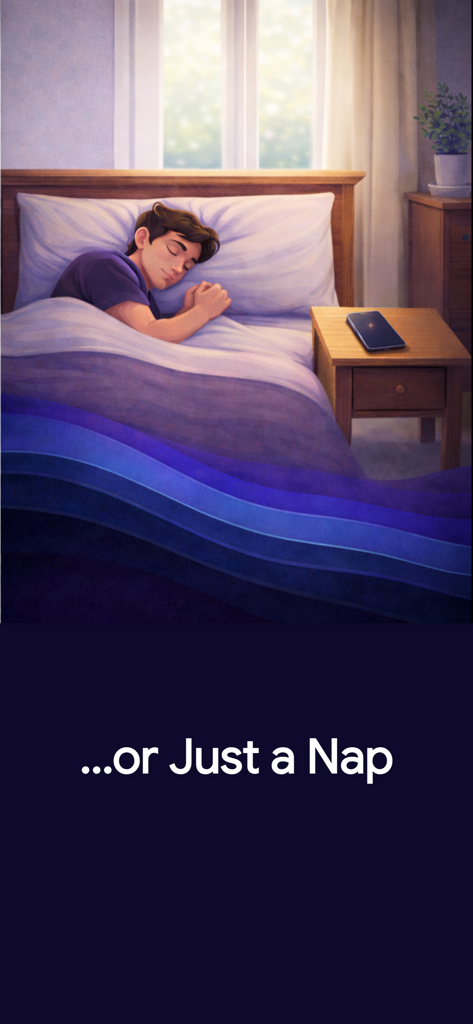 昼寝の記録のためにナイトスタンドにスマートフォンを置いたまま、静かに眠る男性のイラスト。