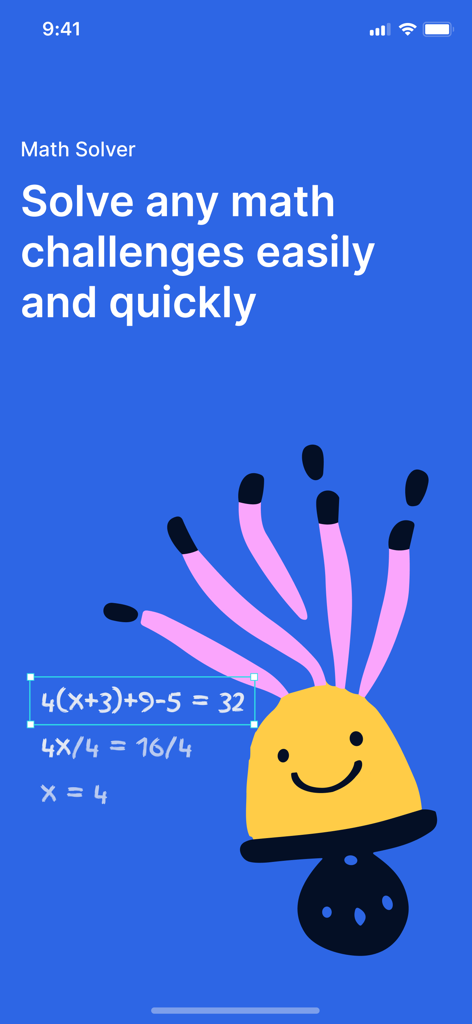 Answer AI app screenshot featuring a friendly character solving an algebra equation with the slogan solve any math challenges easily and quickly