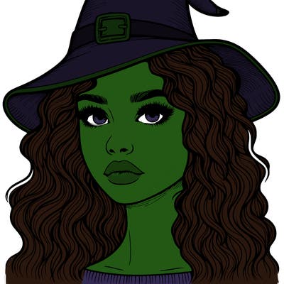 realistic girl with wavy hair a witch hat and a nose and lips and eyes