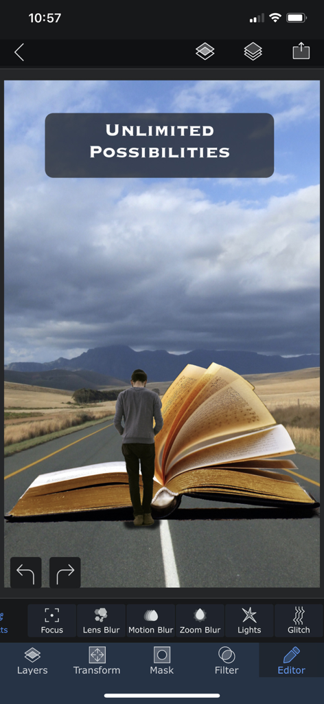 A surreal digital artwork of a person walking towards a giant open book on a mountain road, showcasing the creative editing features of Superimpose X.