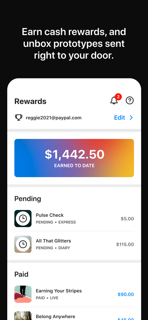 dscout - Dscout mobile app screen showing accumulated cash rewards and pending mission payments