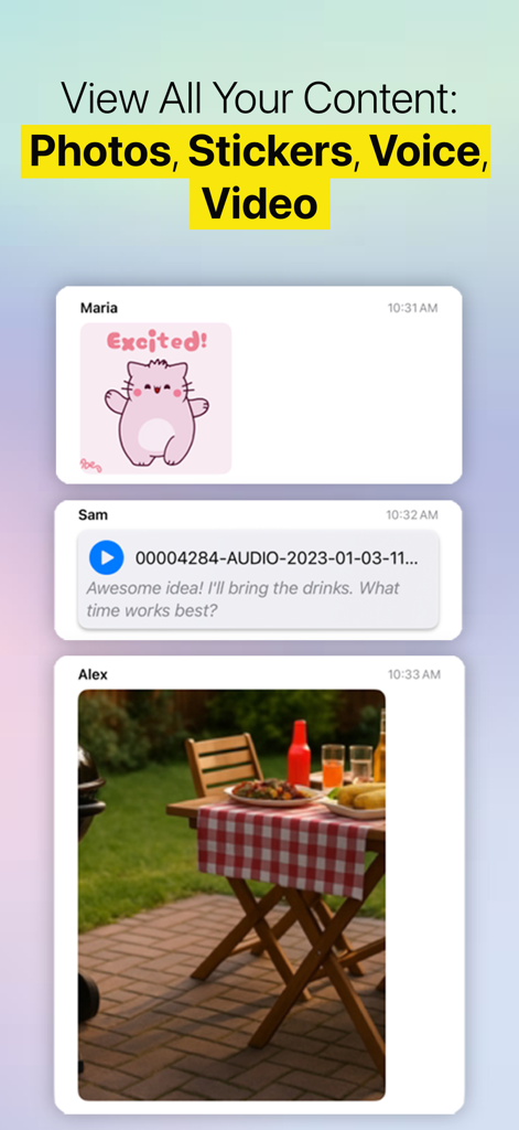 Chat Archive – WhatsApp Backup - Display of WhatsApp chat content including stickers voice note transcriptions and photos in Chat Archive