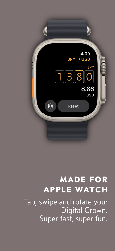 Elk Währungsrechner App auf der Apple Watch mit Benutzeroberfläche für die Umrechnung von JPY in USD
