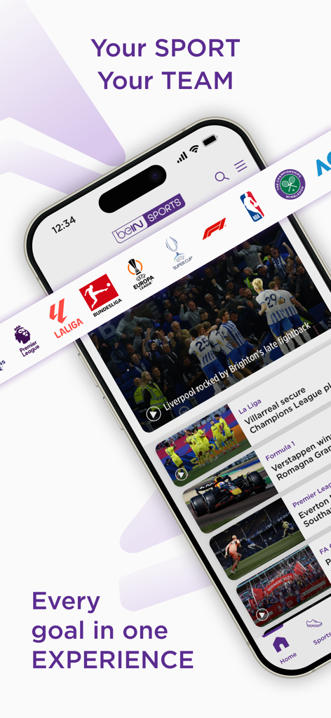 beIN SPORTS app on an iPhone showing soccer and racing news with various international sports league icons.