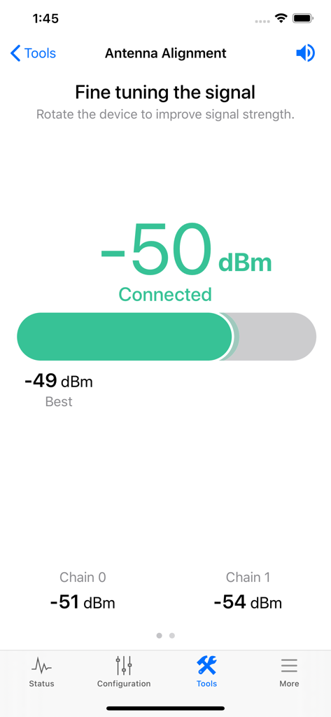 Schermata dell'app UISP Mobile per l'allineamento dell'antenna che mostra la forza del segnale in tempo reale in dBm