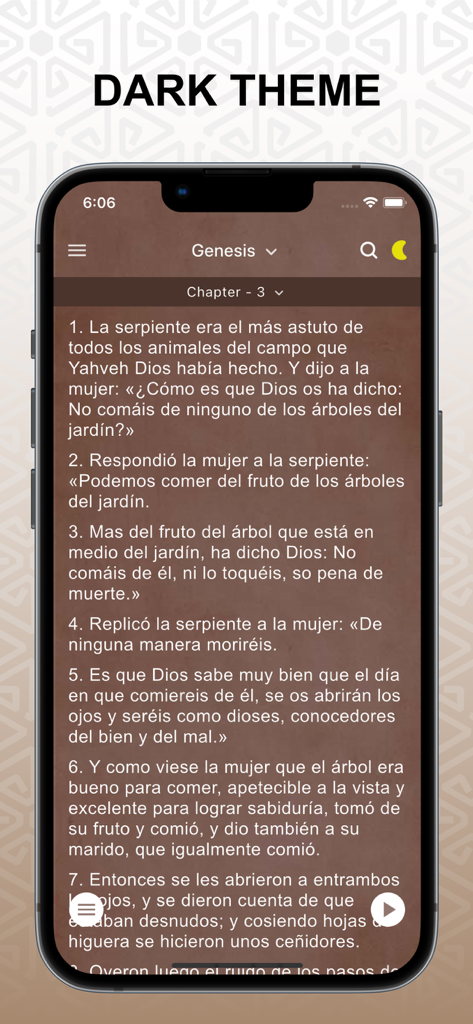 Catecismo Iglesia Católica Pro - Dark theme screen of the Catecismo Iglesia Catolica Pro app showing Genesis text in Spanish