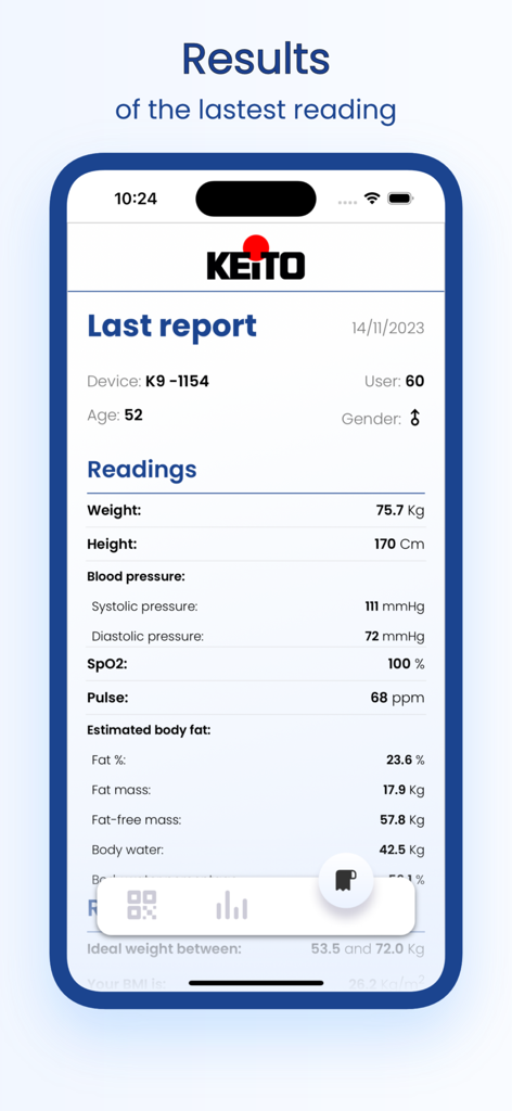 Keito eHealth - A detailed health report screen in the Keito eHealth app showing biometric readings like weight blood pressure and SpO2