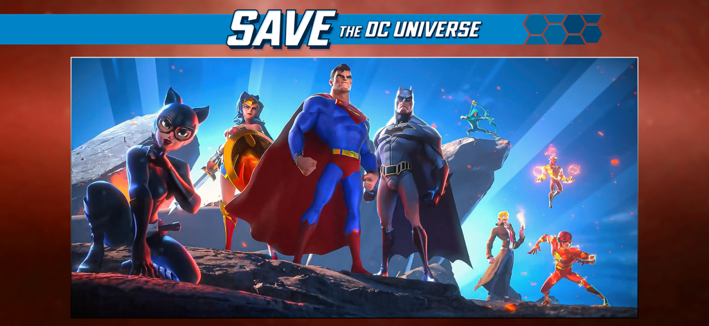 DC Worlds Collide Strategy RPG - Un grupo de héroes de DC incluyendo a Superman, Batman y Wonder Woman de pie juntos bajo el texto Salva el Universo DC