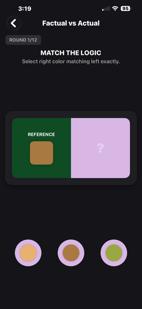 Interactive color matching challenge interface in the Color Theory Studio app