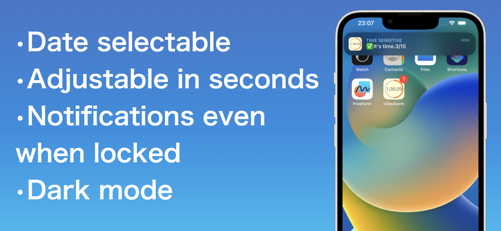 Vibrating Alarm Clock & Timer - iPhone mostrando una notificación silenciosa de la aplicación Reloj Despertador Vibratorio junto con una lista de sus características