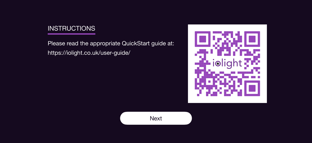 Setup instructions screen in the ioLight Microscope app featuring a QR code for the QuickStart guide