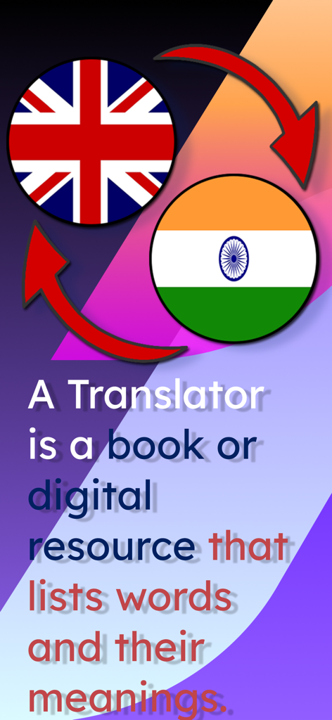 English - Punjabi Translator - 英語-パンジャブ語翻訳アプリの紹介画面。英国とインドの国旗と翻訳の矢印が表示されています。