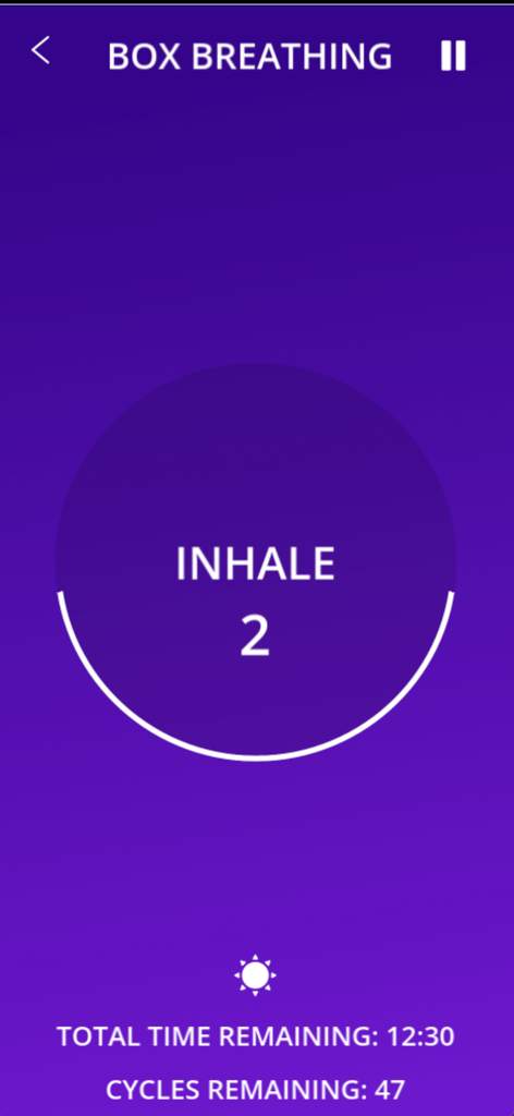 Breath Timer - Interface of the Breath Timer app showing a box breathing exercise with an inhale countdown and remaining cycles.