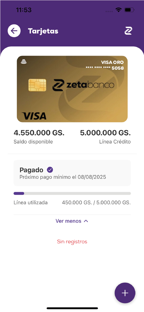 Zeta - 파라과이 과라니로 사용 가능한 잔액과 신용 한도가 표시된 Visa Gold 신용카드를 보여주는 Zeta Banco 모바일 앱 화면