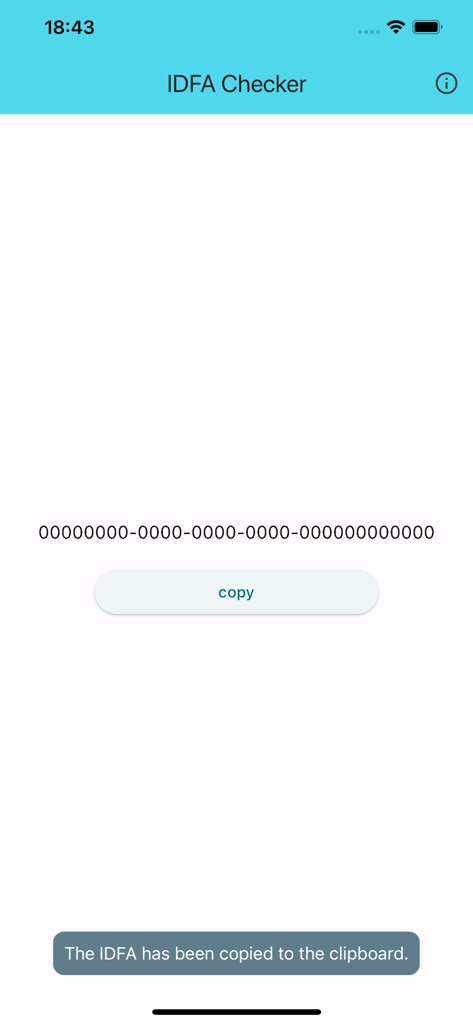 IDFA 확인 모바일 애플리케이션 인터페이스에 장치 식별자와 클립보드 복사 확인 메시지가 표시됨
