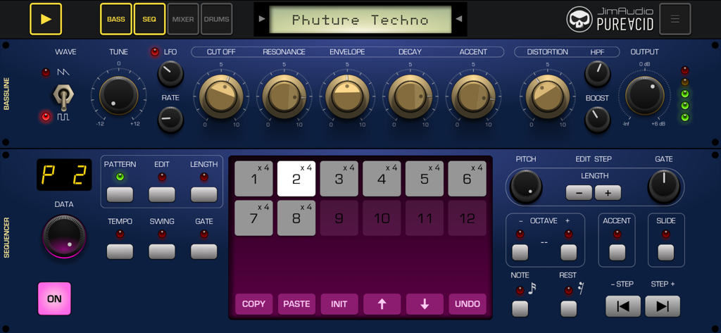 Interface de l'application Pure Acid montrant les contrôles du synthétiseur de bassline et l'éditeur de patterns du séquenceur.
