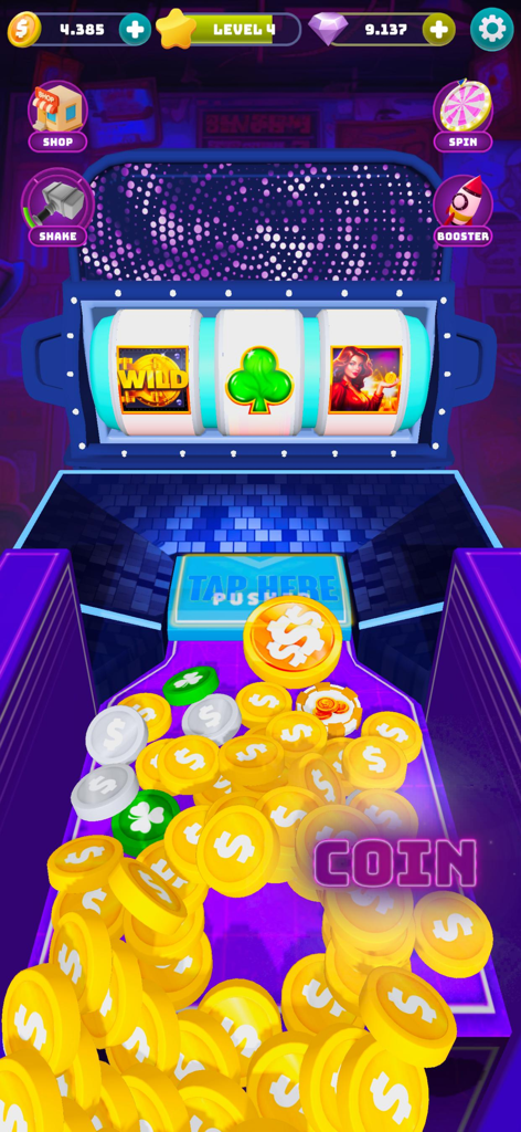 Pusher Master - Coin Fest - Captura de pantalla del juego de Pusher Master Coin Fest que muestra una máquina empujadora de monedas y tragamonedas de Las Vegas.